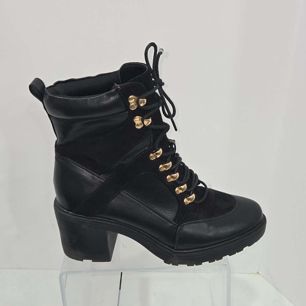 JF Edde Black Combat Boots Womens 10 Lace Up Gold Hardware Block Heel Lug Sole